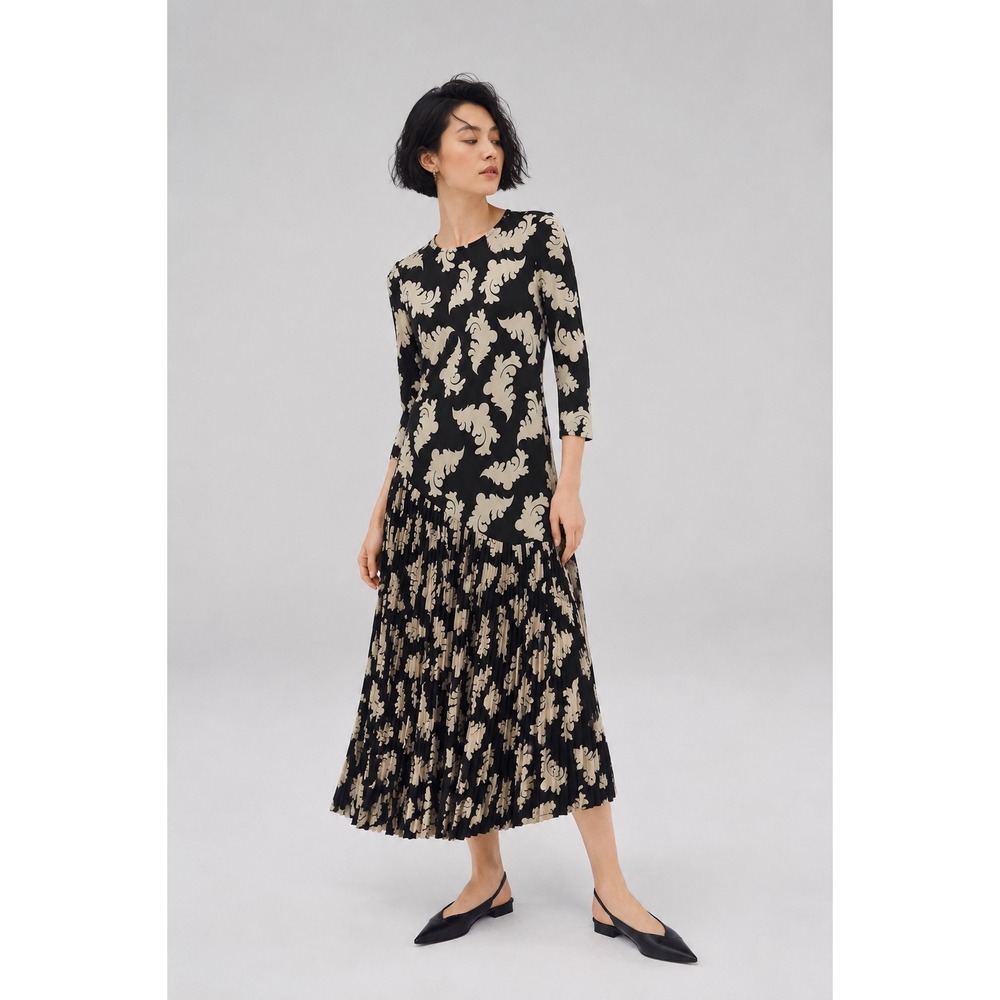 Dhruv Kapoor Anthropologie Scroll Print Pleated Midi Dress M NWT